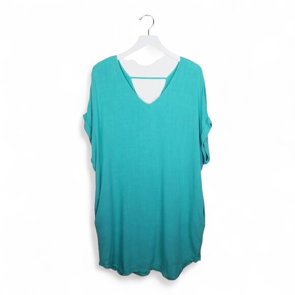 UMGEE Dress Linen Cotton V-neck V-back Rough Hem Green - Size Small - Picture 2 of 8